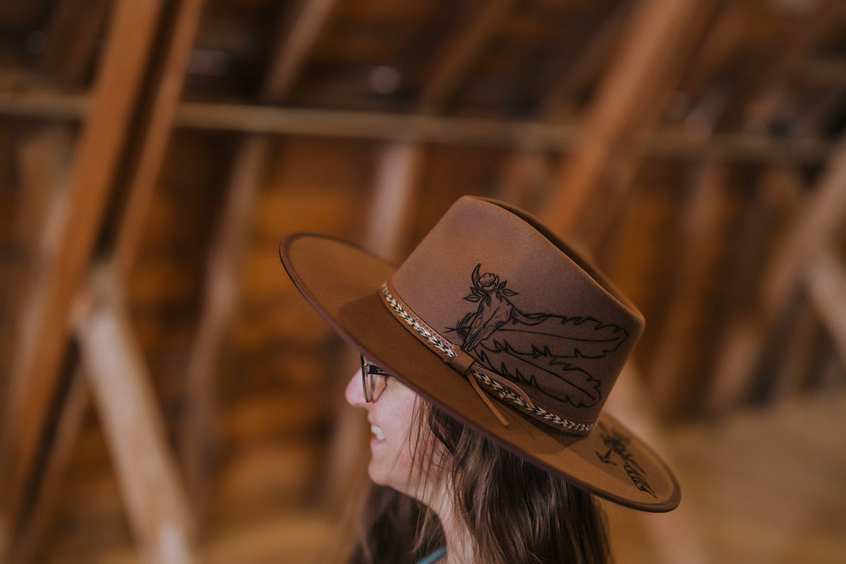 Custom Burned Cowboy Hat- Beige - Bourbon Cowgirl