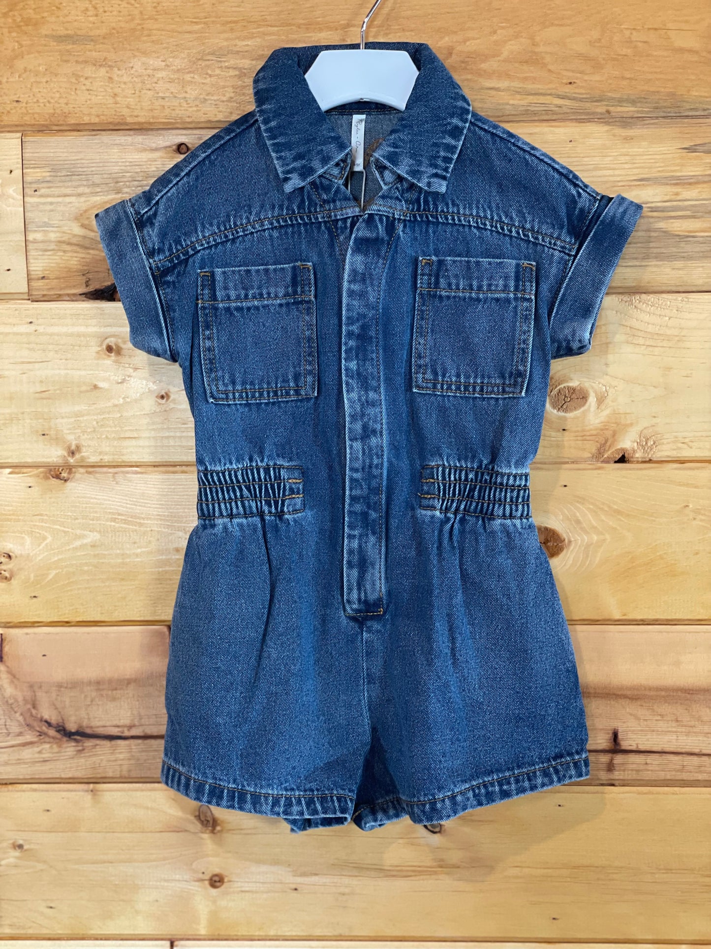 Utility Romper in Indigo color by Rylee and Cru