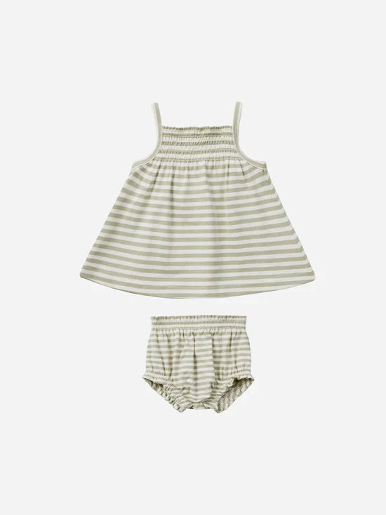 Quincy Mae Smocked Tank + Bloomer Set || Sage Stripe